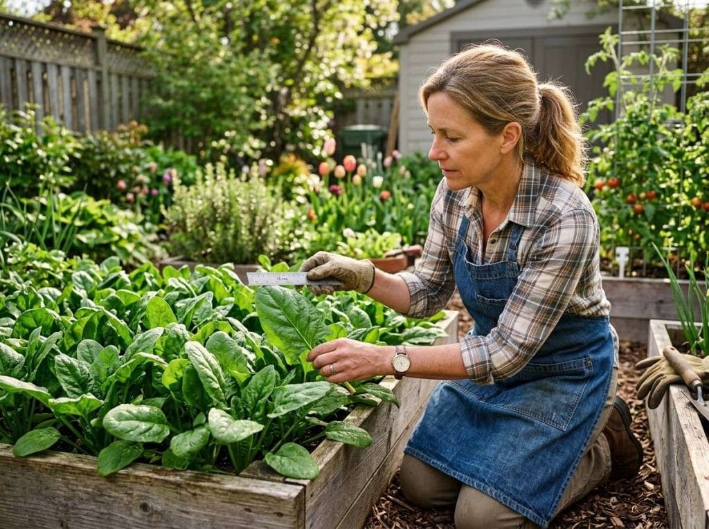When to Harvest Spinach in a raised garden bed with fresh leafy greens ready for harvest.