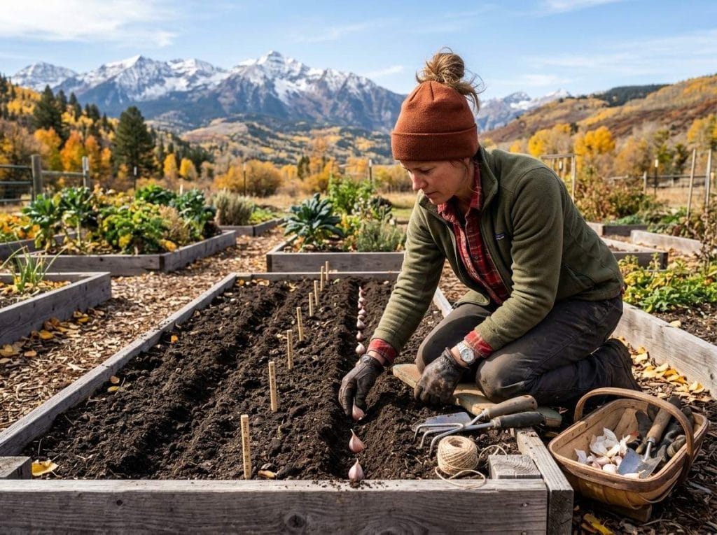 When to Plant Garlic in Colorado with garlic rows thriving in fertile garden soil during autumn