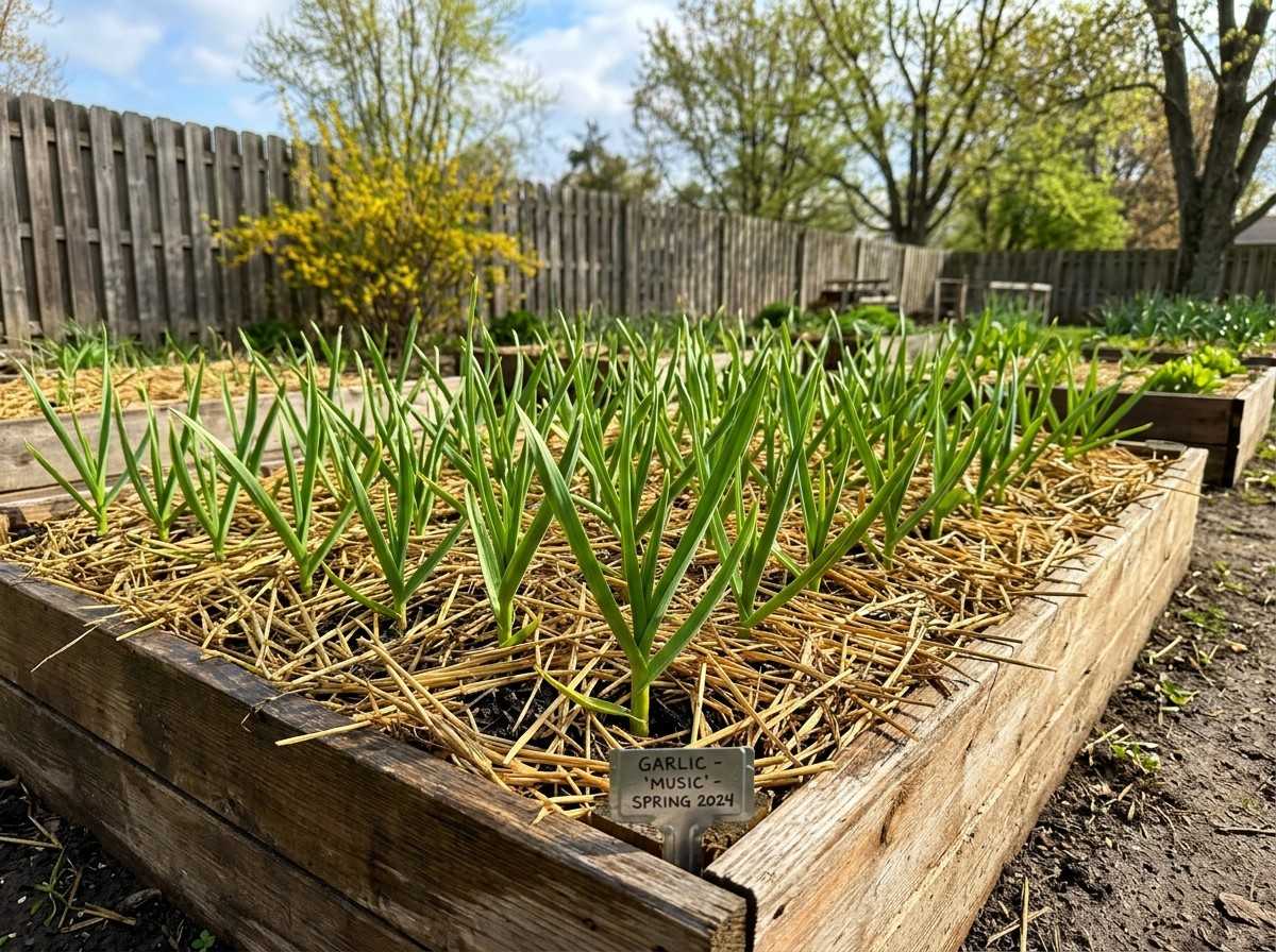 When to Plant Garlic in Illinois showing garlic cloves being planted with proper spacing and mulch.