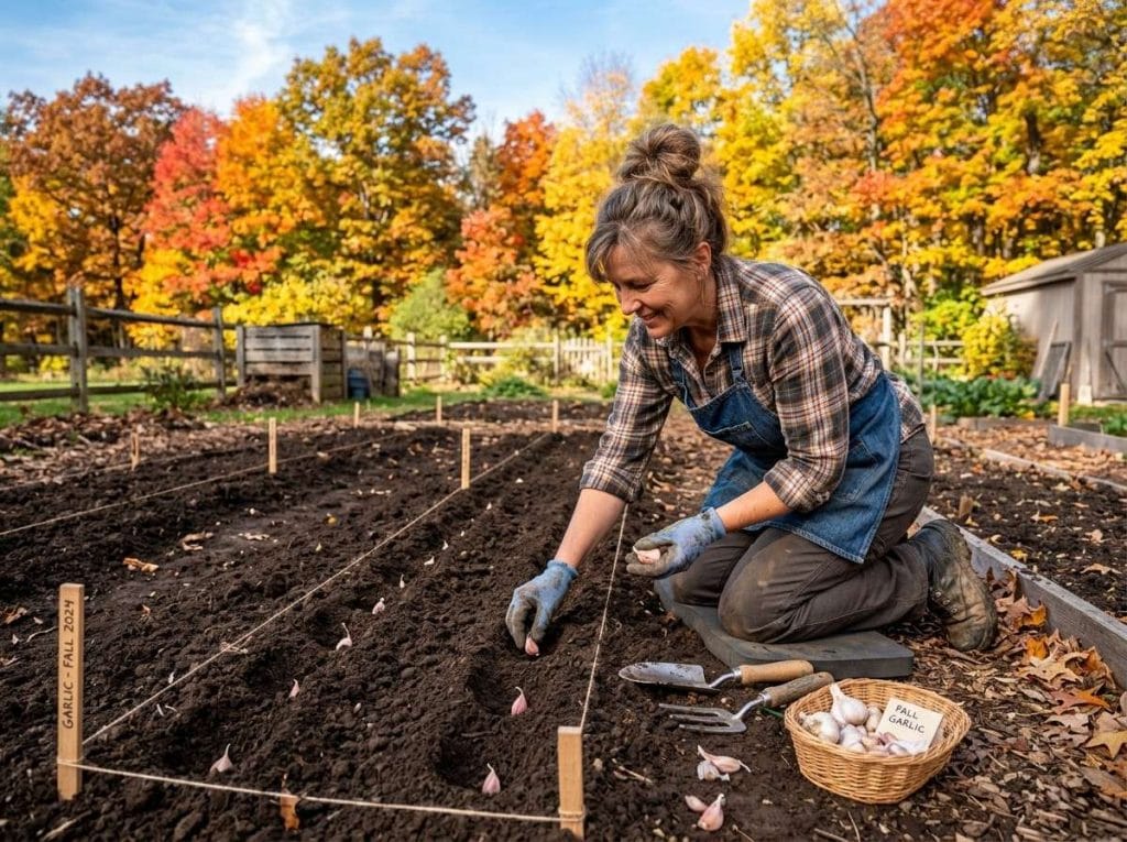 When to Plant Garlic in Indiana showing garlic cloves being planted in a prepared garden bed
