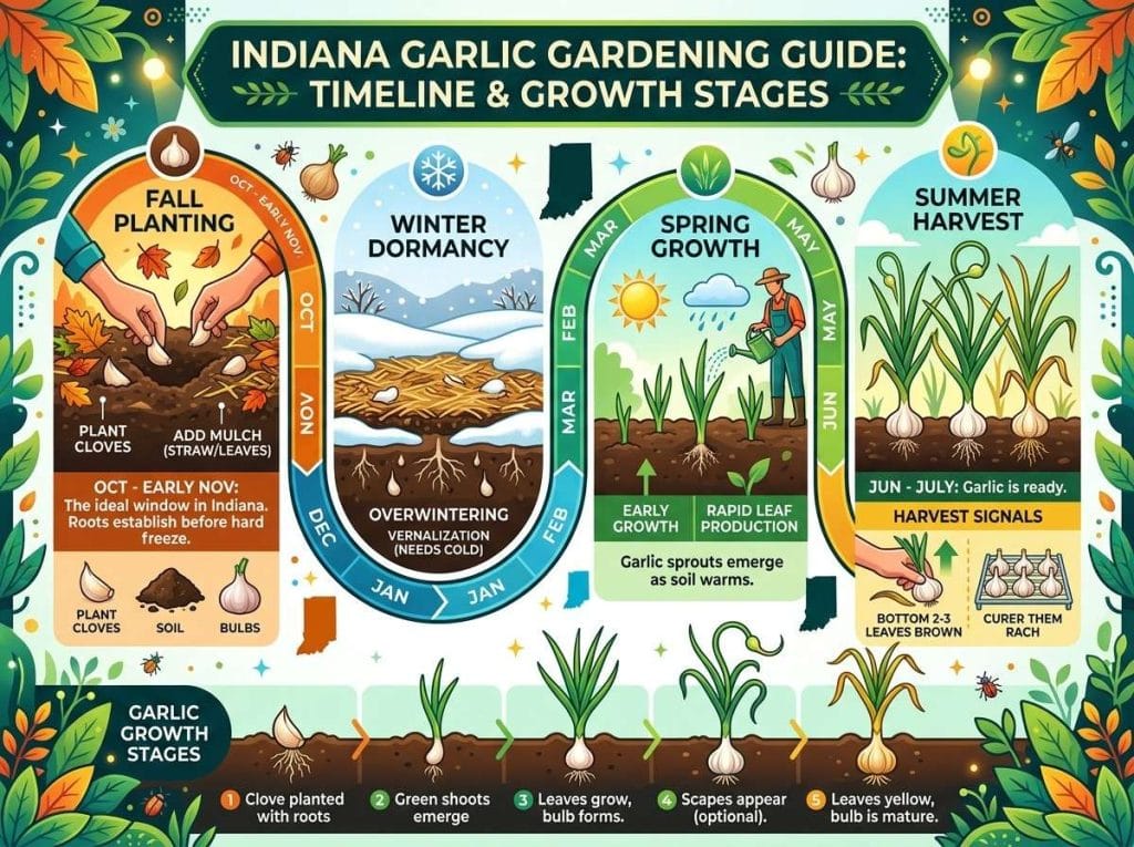 When to Plant Garlic in Indiana with garlic rows growing in fertile soil during the fall season