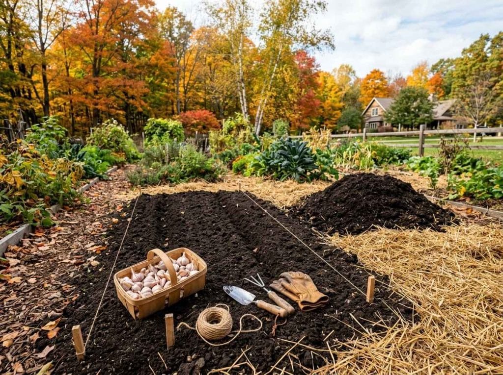When to Plant Garlic in Michigan showing garlic cloves being planted before the first hard frost.