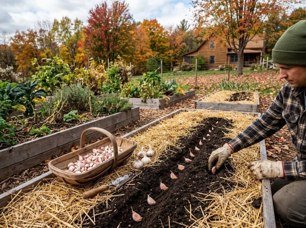 When to Plant Garlic in Minnesota showing garlic cloves being planted in a fall garden bed