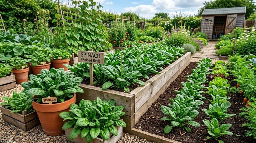 Where Does Spinach Grow showing lush spinach growing in fertile, well-drained soil under full sun.
