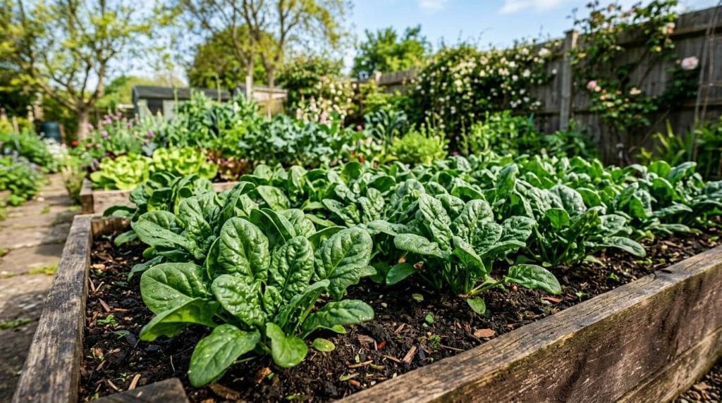 Where Does Spinach Grow in raised garden beds with evenly spaced rows of fresh spinach plants.
