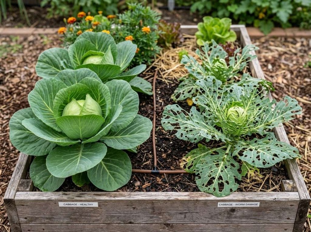 Worms in Cabbage Plants with damaged cabbage leaves displaying holes caused by common garden pests.