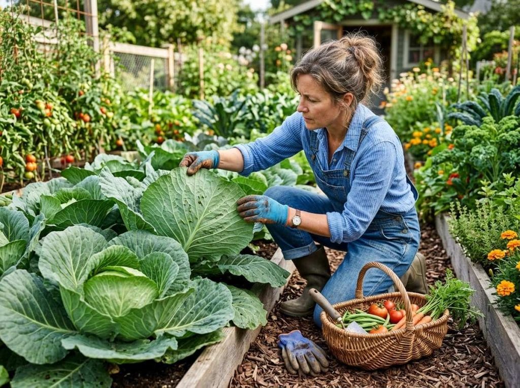 Worms in Cabbage Plants featuring a gardener inspecting cabbage leaves for caterpillars and pest damage.