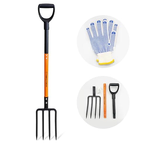 Pitch Fork for Garden, 4-Tines Garden Fork, 45-Inch Spading Fork, Heavy Duty Compost Digging Fork with Steel Handle and Enhanced D-handle, Orange