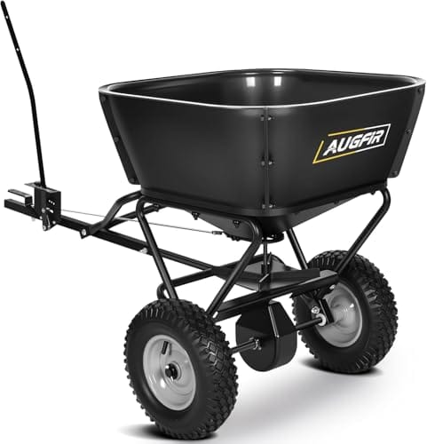 AugFir Tow Behind Broadcast Spreader, 130 LBS Capacity Lawn Fertilizer Spreader for Riding Mower, ATV, UTV & Tractor, 12 FT Spread Width Pull Behind Spreader Seeder for Grass Seed, Salt, Ice Melt