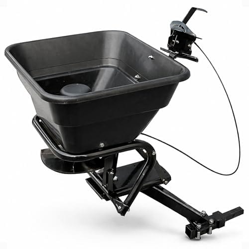 Field Tuff 12V 80 Pound Capacity Grass Seed Fertilizer Spreader with Hitch Mount Receiver and Rain Protector for ATV, UTV, or Utility Tractor
