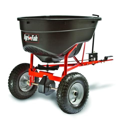 Agri-Fab Pull Behind Broadcast Spreader for Seed, Fertilizer, Salt and Ice Melt, 130 lb Hopper Capacity with Universal Hitch and 12 Ft Spread Width