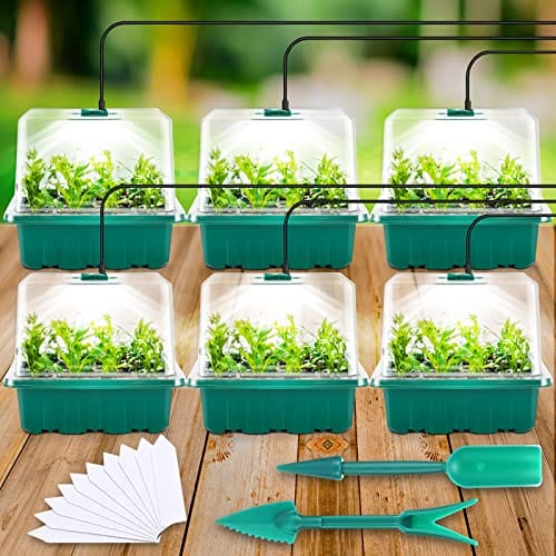 Yskea Seed Starter Tray with Light, 6PCS Seed Starter Kit with Grow Light, Seedling Starter Trays with Humidity Domes, Covers Height 3.9