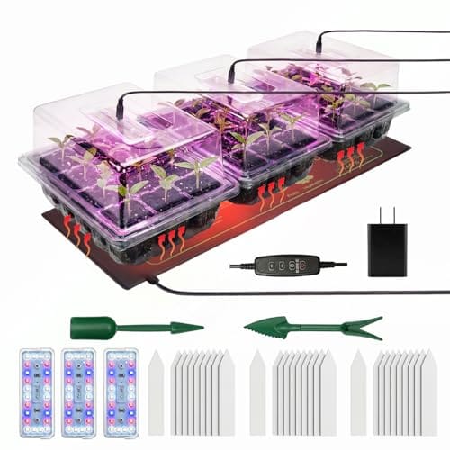Seed Starter Tray 3 Pack with Heating Mat & 24 Full Spectrum LEDs Grow Light – Auto cycle Timer, Humidity Dome Ventilation Cover, Drainage Holes, Includes Gardening Tools – Transparent version