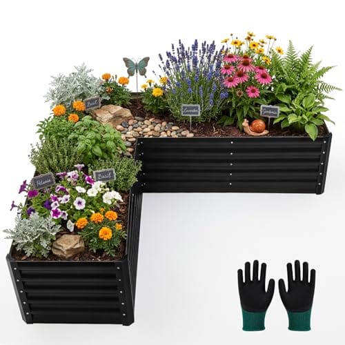 ElaraBerry 6.2x6.2x1.5 ft Galvanized L Shaped Raised Garden Bed Outdoor, Large Corner Raised Garden Bed Metal Deep Root Planter with Gloves for Planting Vegetable Flower Herb, Anti Rust, Gray (Square)