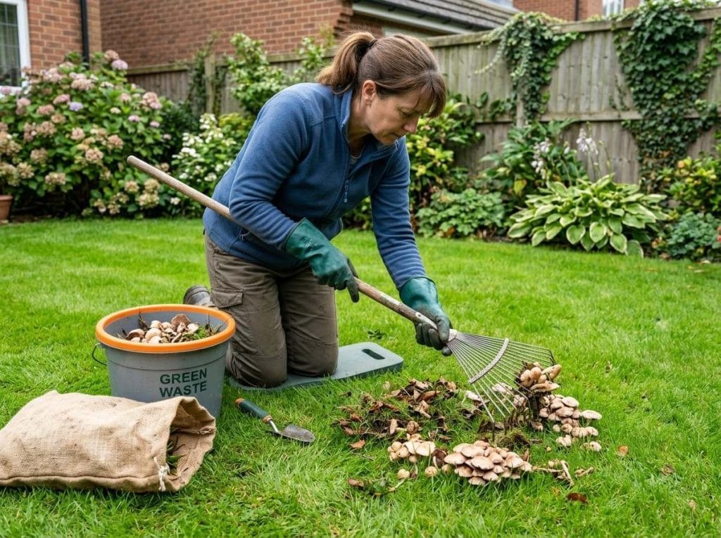 Best Mushroom Killer for Lawns showing mushrooms growing in a grassy lawn before proper treatment and removal.