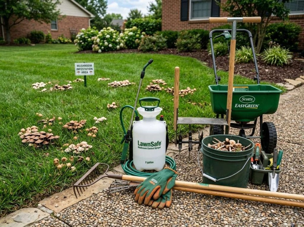 Best Mushroom Killer for Lawns featuring a homeowner inspecting lawn mushrooms and identifying the source of excess moisture.
