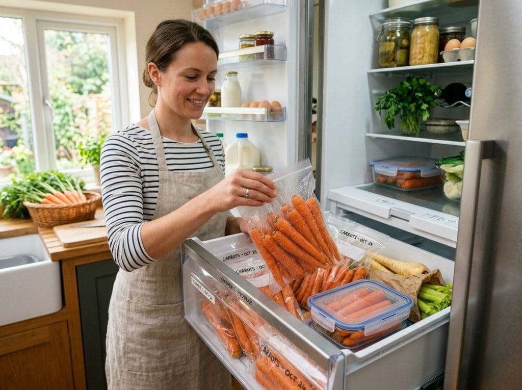 Best Way to Store Carrots showing freshly harvested carrots packed in a container with damp sand for long-term storage.