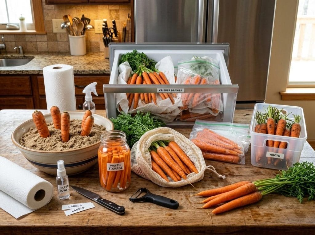 Best Way to Store Carrots using a refrigerator crisper drawer to keep carrots fresh and crisp for longer.