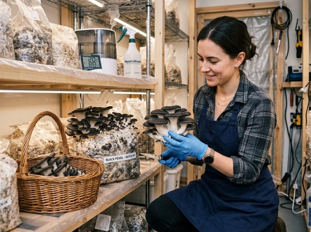 Black Pearl Oyster Mushroom showing mature mushrooms ready for harvesting with layered caps and firm stems.