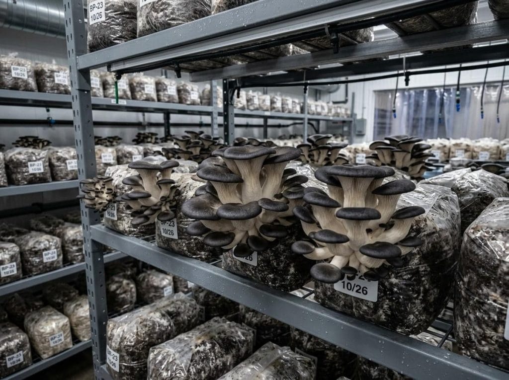 Black Pearl Oyster Mushroom featuring dark, thick caps and sturdy stems on a healthy fruiting block.