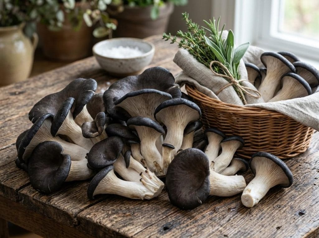 Black Pearl Oyster Mushroom growing indoors under humid conditions with fresh clusters developing from a substrate block.