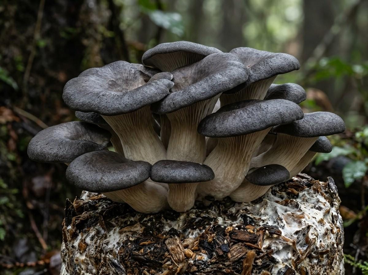 Black Pearl Oyster Mushroom growing in dense clusters on a mushroom cultivation block in a controlled environment.