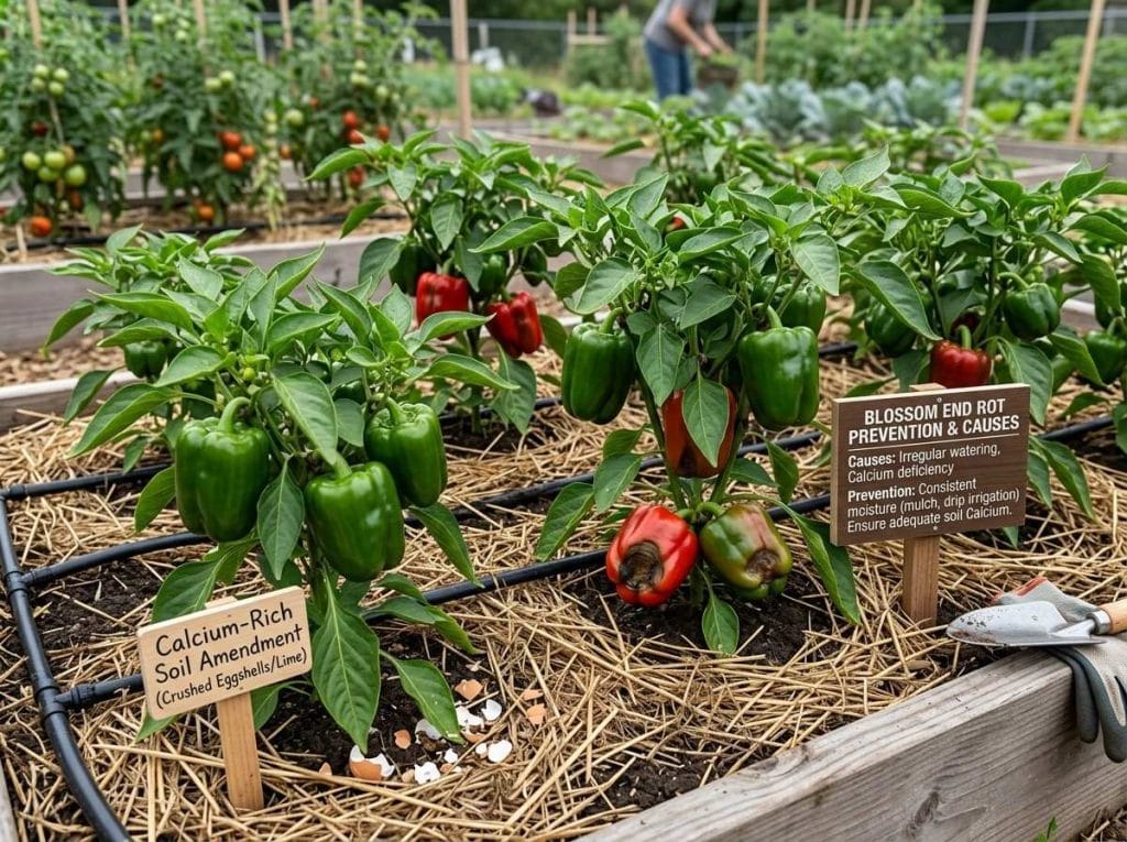 Blossom End Rot on Bell Peppers featuring close-up symptoms of calcium-related blossom end rot on growing peppers.