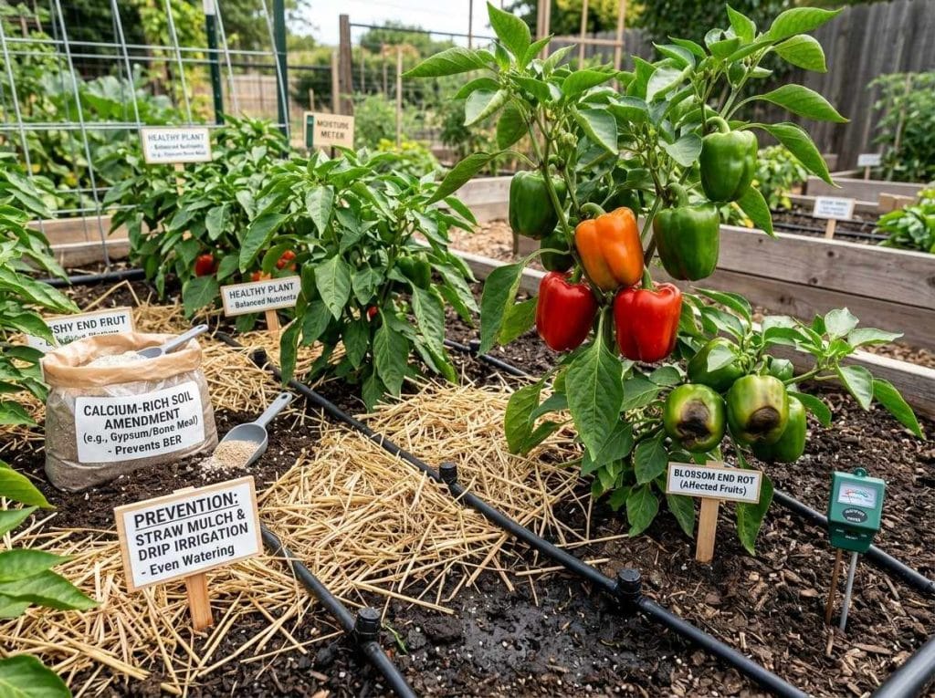 Blossom End Rot on Bell Peppers showing dark, sunken spots developing on the bottom of immature bell peppers.