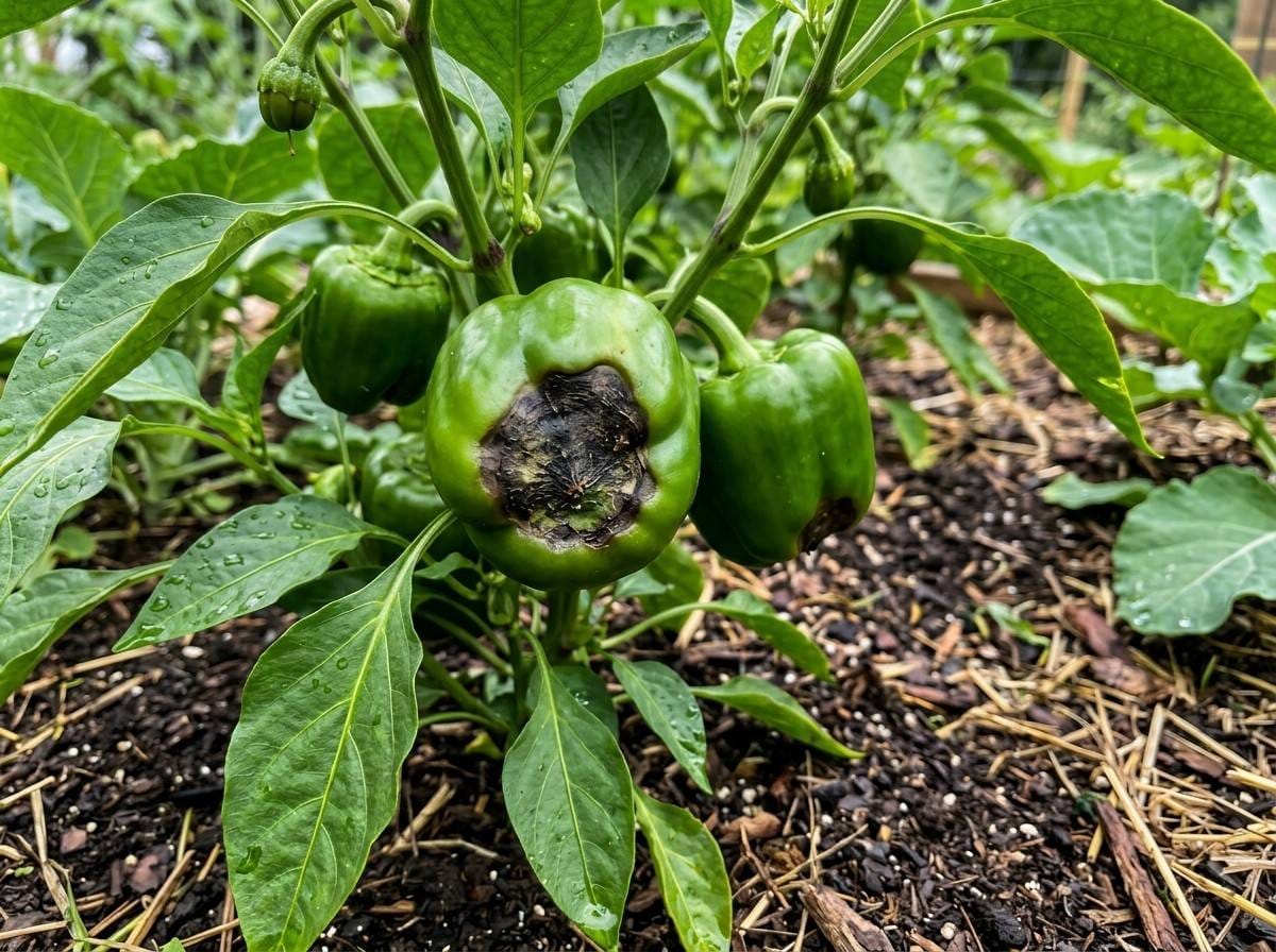 Blossom End Rot on Bell Peppers showing a gardener inspecting pepper fruits for dark, sunken areas and plant stress.