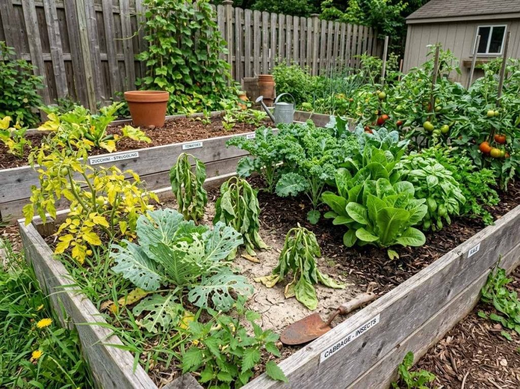 Common Vegetable Garden Problems And Solutions featuring a gardener inspecting vegetables for pests, diseases, and nutrient deficiencies.
