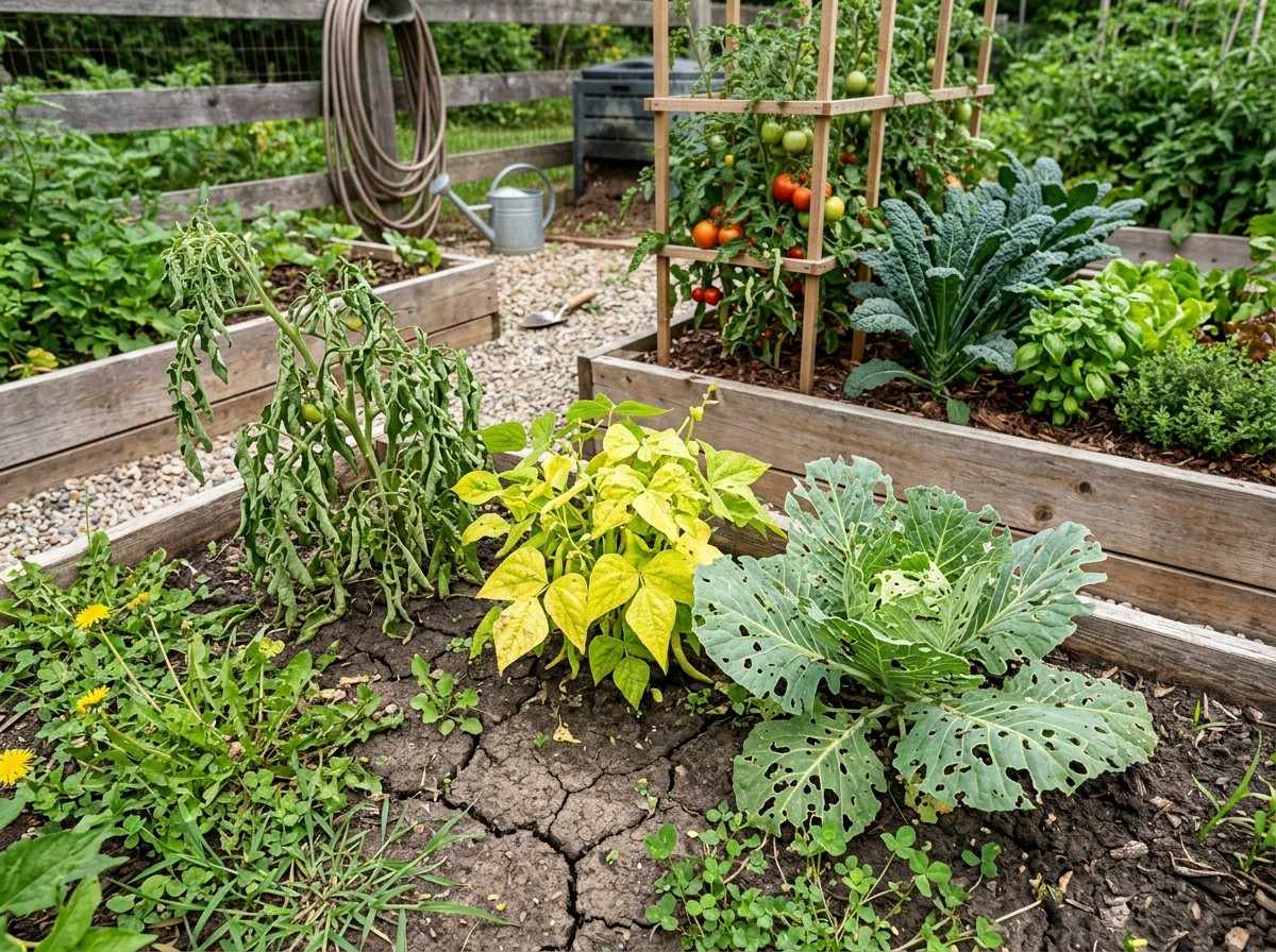 Common Vegetable Garden Problems And Solutions showing yellow leaves, pest damage, and other common issues in a vegetable garden.