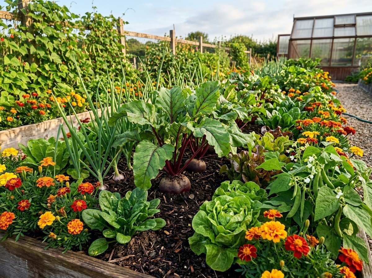 Companion Plants for Beets featuring healthy companion vegetables planted in raised garden beds for better growth.