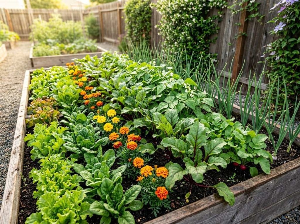 Companion Plants for Beets showing beets growing alongside onions, lettuce, and bush beans in a backyard vegetable garden.