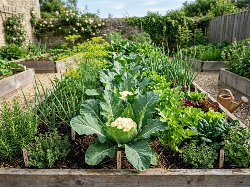 Companion Plants for Cauliflower featuring healthy companion plants arranged around cauliflower in a raised garden bed.