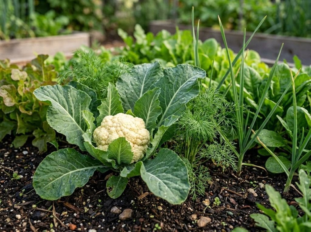 Companion Plants for Cauliflower with a thriving vegetable garden using companion planting for improved plant health.