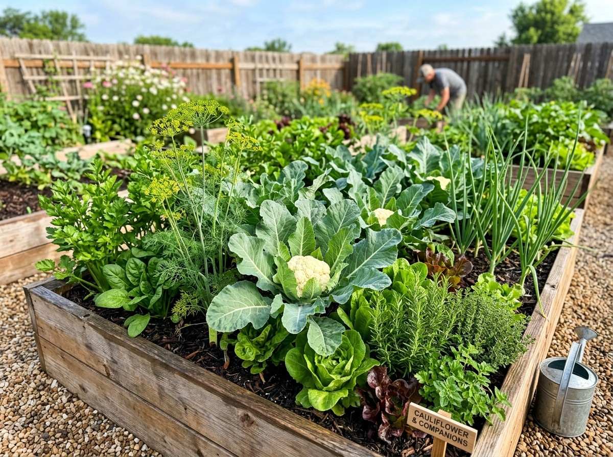 Companion Plants for Cauliflower illustrating beneficial plants that can support healthy growth and natural pest management.