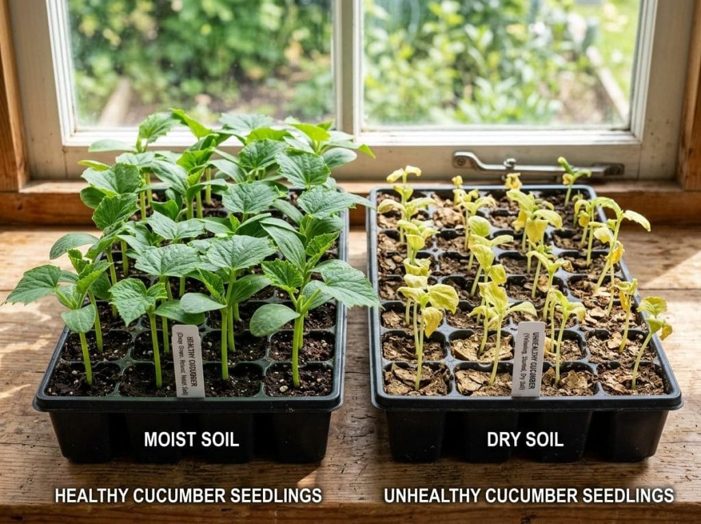 Cucumber Seedlings Leaves Turning Yellow showing young cucumber plants with yellowing leaves in a garden bed.