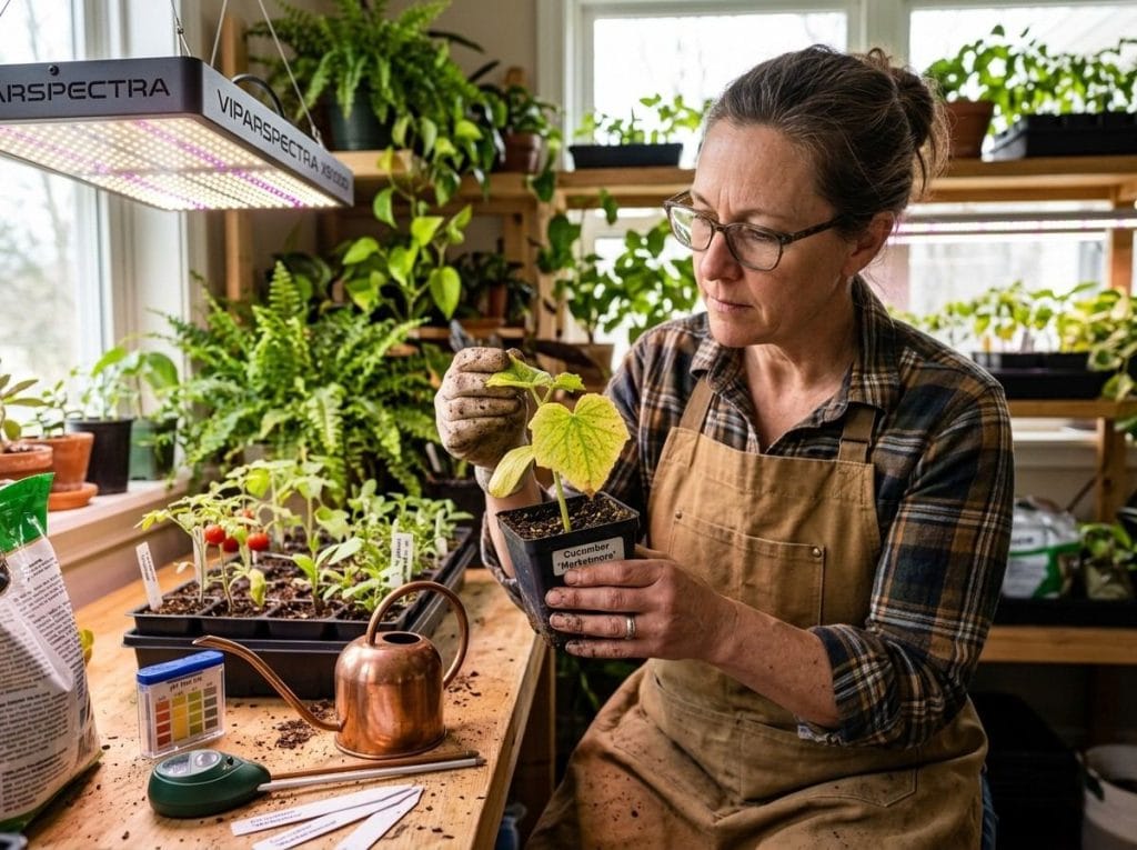 Cucumber Seedlings Leaves Turning Yellow with a gardener inspecting young plants for signs of stress or disease.