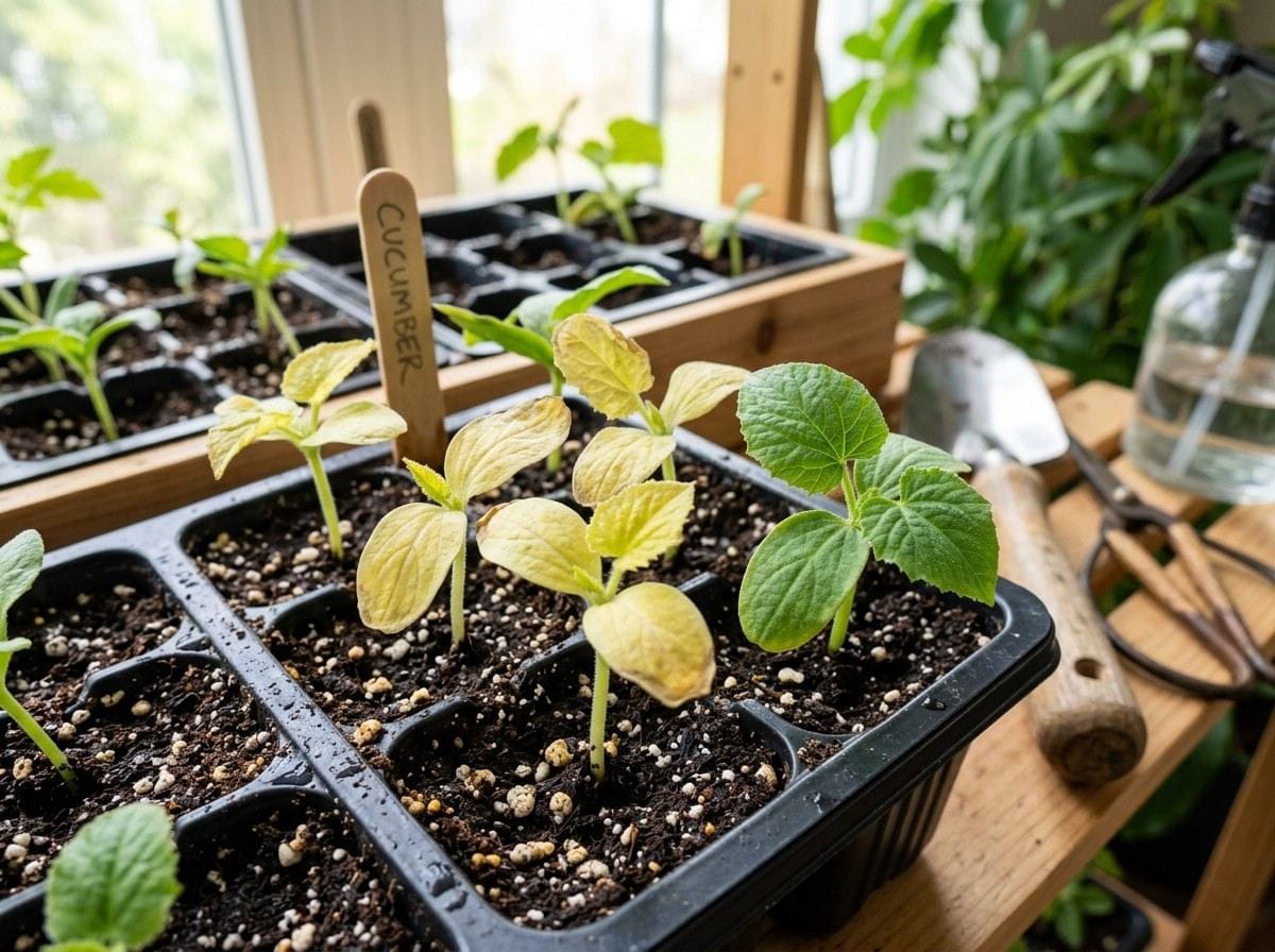 Cucumber Seedlings Leaves Turning Yellow caused by possible overwatering, nutrient deficiencies, or insufficient sunlight.