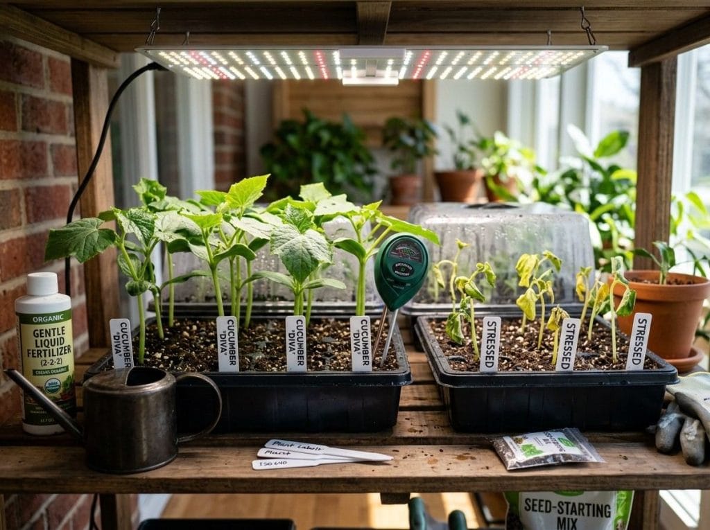 Cucumber Seedlings Leaves Turning Yellow illustrating common causes of yellow foliage and practical care solutions.