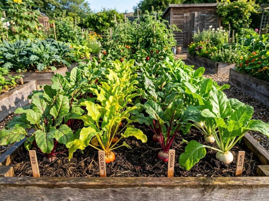 Different Kinds of Beets showing red, golden, white, and striped beet varieties displayed side by side.