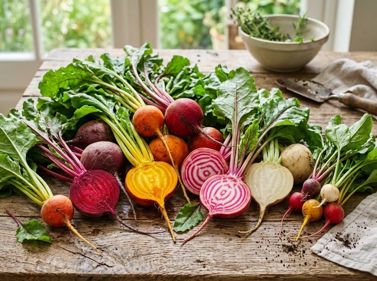 Different Kinds of Beets growing together in a healthy backyard vegetable garden for easy comparison.