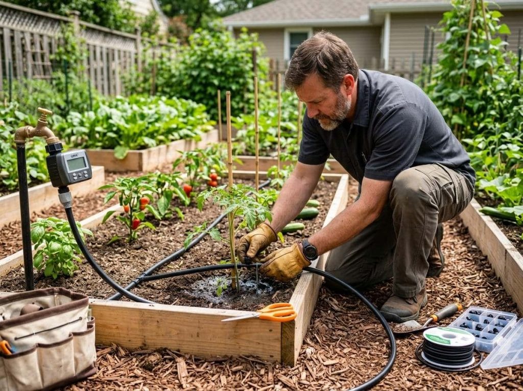 Drip Irrigation for Vegetable Garden featuring emitters placed near the roots of tomatoes, peppers, and leafy greens.