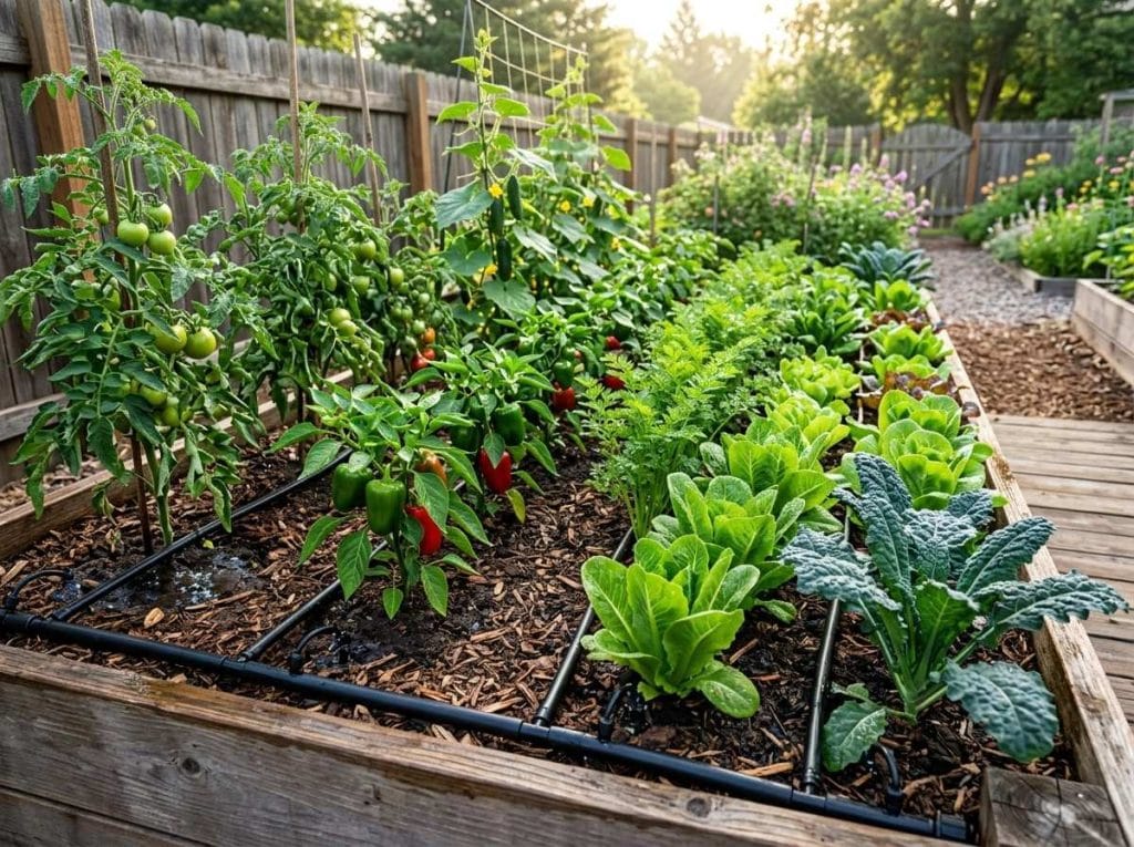 Drip Irrigation for Vegetable Garden illustrating an efficient watering system with tubing connected to a garden water source.
