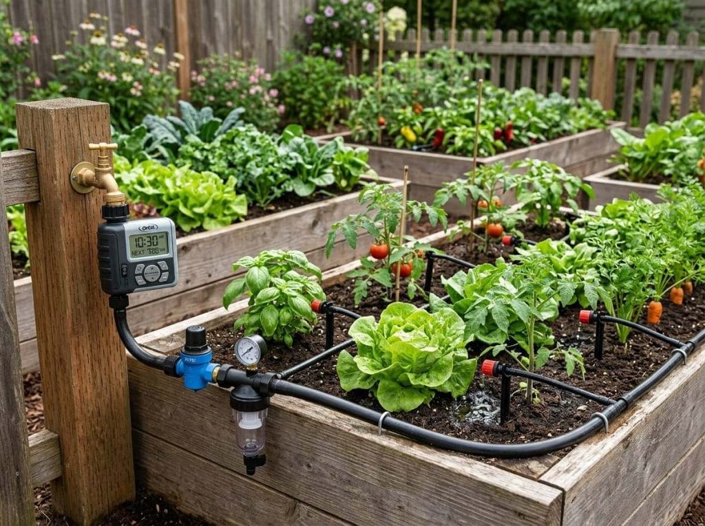 Drip Irrigation for Vegetable Garden showing evenly spaced drip lines providing consistent moisture to healthy vegetable plants.