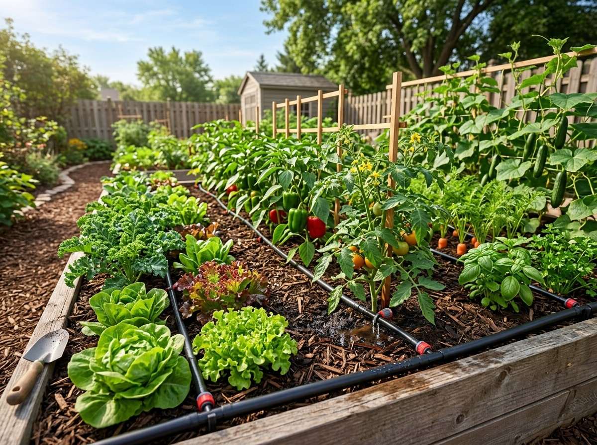 Drip Irrigation for Vegetable Garden showing drip lines delivering water directly to vegetable plants in raised garden beds.
