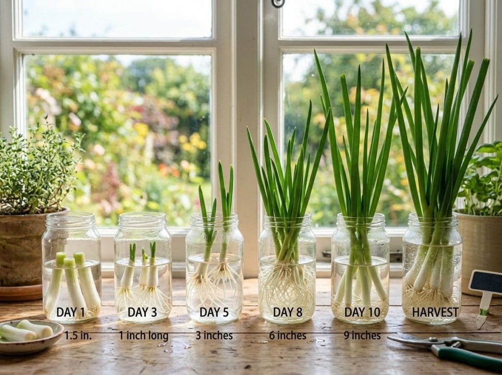 Growing Green Onions in Water showing green onion roots developing in a clear glass container.