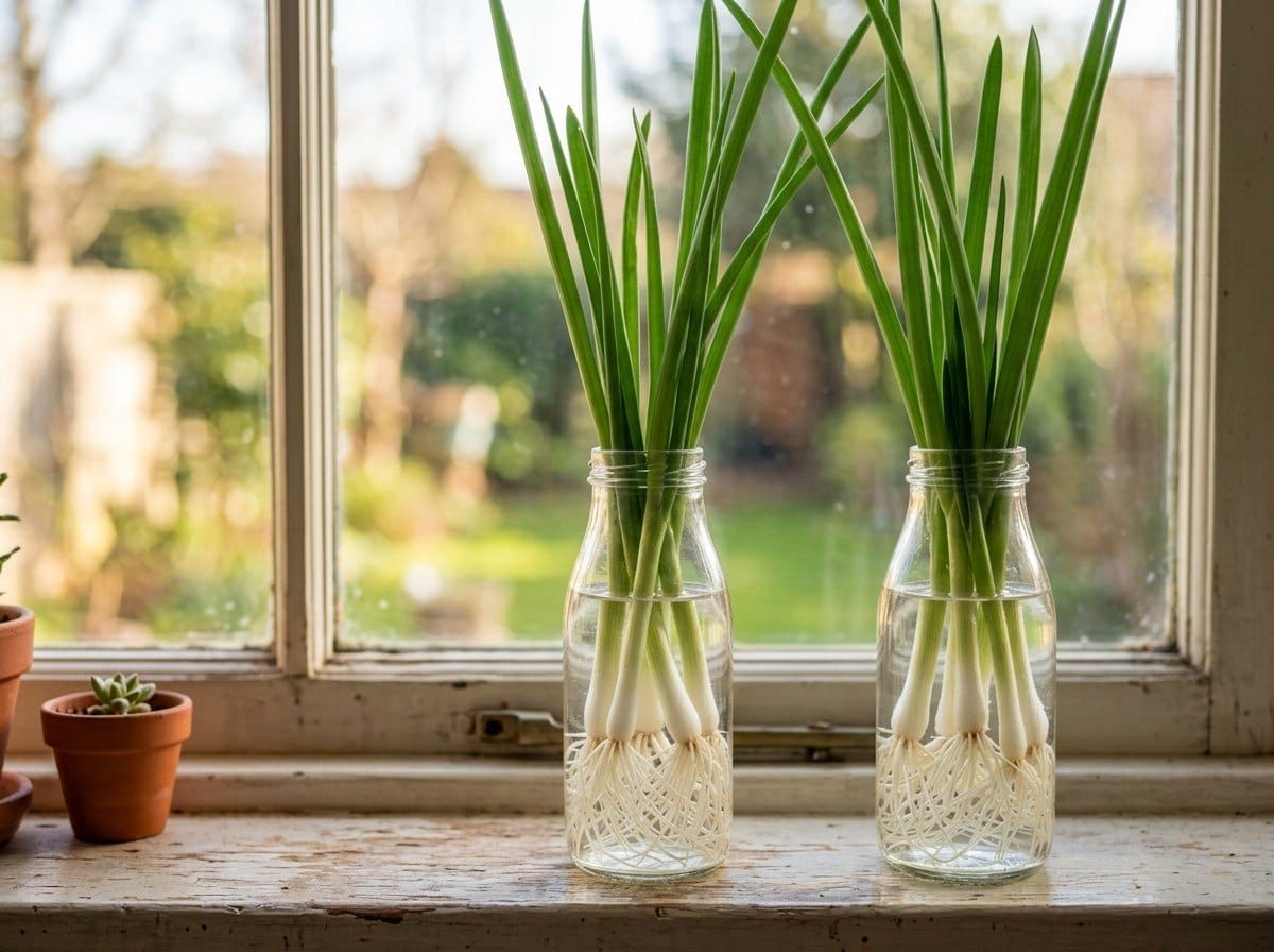 Growing Green Onions in Water showing green onion roots developing in a clear glass container.