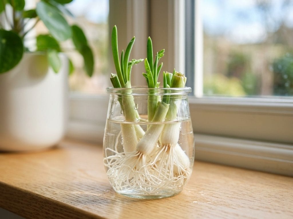 Growing Green Onions in Water showing green onion roots developing in a clear glass container.