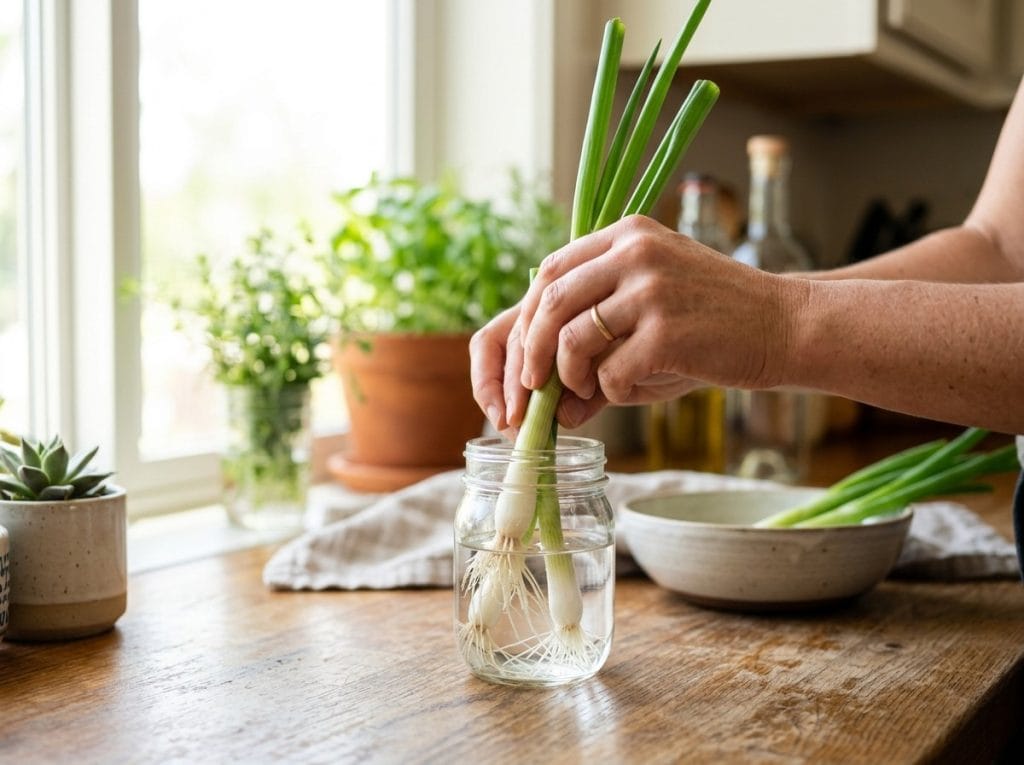 Growing Green Onions in Water showing green onion roots developing in a clear glass container.